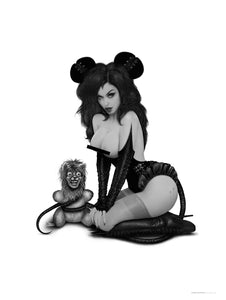 MADD ANTHONY/GARY THE WEREWOLF - Mistress Mouse & Gary Doll (B&W Topless Version) - Premium Matte Art Print